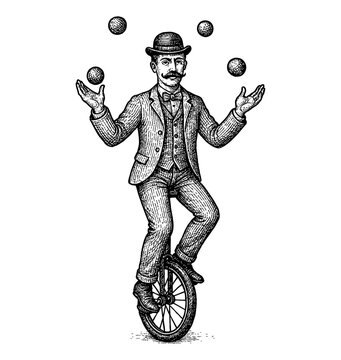 recommend clip art: Vintage Style Man Juggling Balls While Balancing on Unicycle in Engraved Line Art