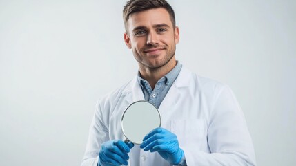 Young caucasian male scientist holding magnifying glass wearing lab coat and gloves