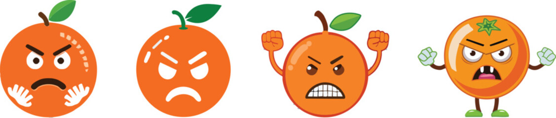 Angry orange cartoon with furrowed brows · Expressive fruit mascot for children’s content, apps and bold branding. Fun character design for kids materials, packaging and illustrations