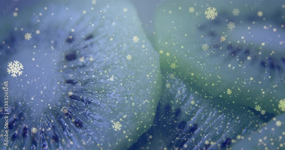 Poster creating festive winter theme, kiwi slices with snowflakes animation in background