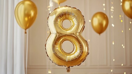 Gleaming golden number eight balloon celebration surrounded by floating golden orbs and delicate sparkling lights.