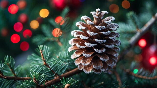Decorated tree branch with a frosted pine cone, glowing with festive lights.