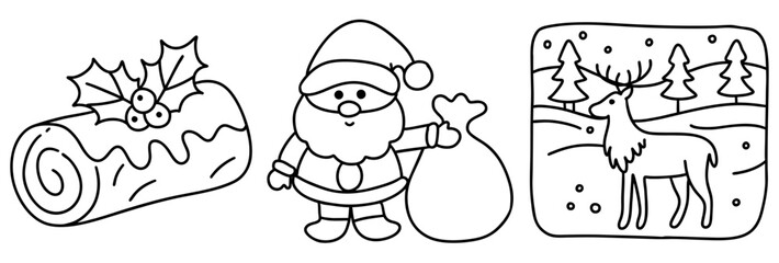 Colorful Christmas stuff brings joy and cheer as Santa holds his bag surrounded by festive decorations and reindeer