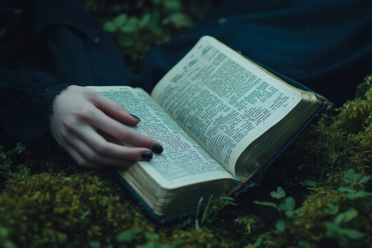 Close-up photo of a woman's hands on an open Bible, lying on mossy grass with a green background. 