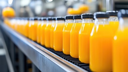 Fototapeta premium Juice drinks moving along a production factory conveyor highlight the streamlined process of beverage manufacturing.