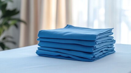 Neatly folded stack of light blue bed sheets on a table