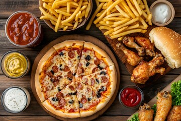 Assorted fast food items including pizza fries and fried chicken on wood surface.