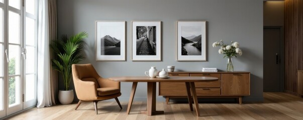 Elegant dining area with brown armchair and wooden sideboard against grey wall displaying black white photographs , minimalist decor, dining room