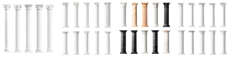 Diverse collection of classical columns in different styles and colors.