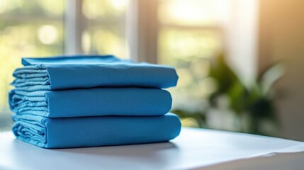 Neatly stacked blue laundry in sunlit room