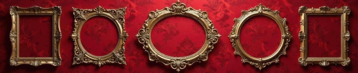 Elegant frames in ornate shapes sit atop a rich damask background, accentuating vintage sophistication, antique style, vintage frames
