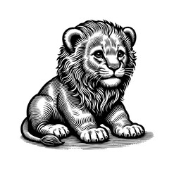 Obraz premium Adorable Engraved Lion Cub Sitting Calmly with a Detailed Fur in Black and White on White Background