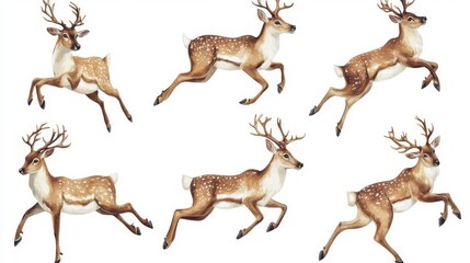 Ethereal leap: a serene assemblage of graceful deer in mid-air, dancing against a pure white canvas.