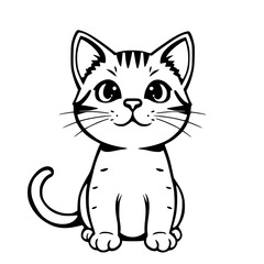 Obraz premium A line art drawing in black and white of a small cartoon cat sitting upright and looking forward with large eyes.