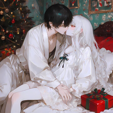 ベッドでキスをするカップル。アルビノの少女と碧眼の青年のクリスマス。油絵風のAIイラスト