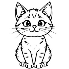 Obraz premium Black and white cartoon kitten illustration, sitting position, front view, with whiskers and striped markings on a plain background