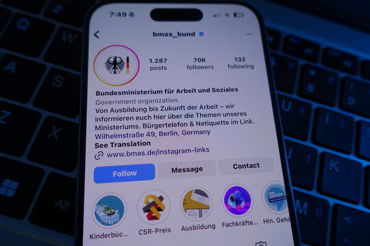 Kiel, SH, Germany, 04-04-2025: Bundesministerium f&uuml;r Arbeit und Soziales showcases its Instagram account, promoting work and social issues in Germany