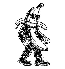 Fototapeta premium Cool Banana Cartoon Character Walking Confidently Wearing Sunglasses and Jacket in Black and White