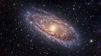 Naklejka premium A stunning view of a spiral galaxy, showcasing vibrant colors and stars against the dark backdrop of space.