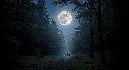 A full moon illuminating a dark mountain forest, with wolves howling in the distance