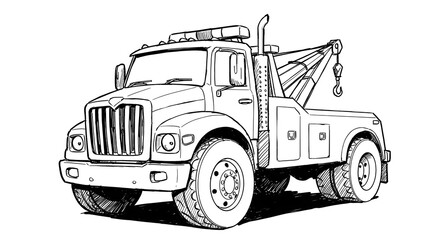 Sketch of Tow Truck Vehicle on White Background Line Drawing