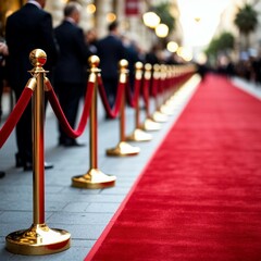 A fuzzy photo from the red carpet of the festival. Golden racks, fences with velvet cord for movie star premieres or award ceremonies, gala evenings. Magnificent front entrance. Grace, lighting effect