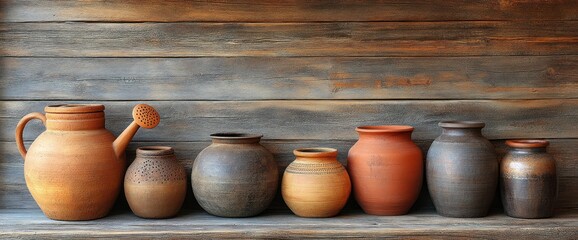Rustic pottery collection on wooden shelf