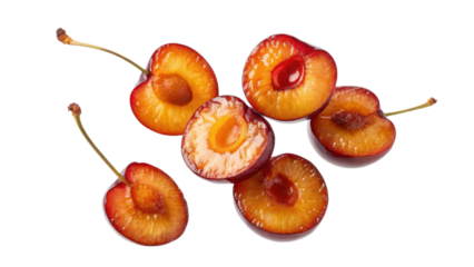 A group of red plums, some whole and some halved, showcasing their juicy flesh and pits.