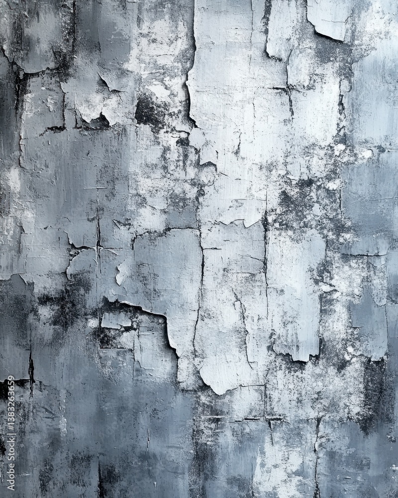 Poster abstract textured gray and white paint peeling off a wall creating a distressed and aged look with a