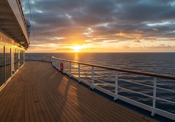 Fototapeta premium Golden sunset cruise, a tranquil ocean voyage at the ship's deck, warm hues paint the evening sky.