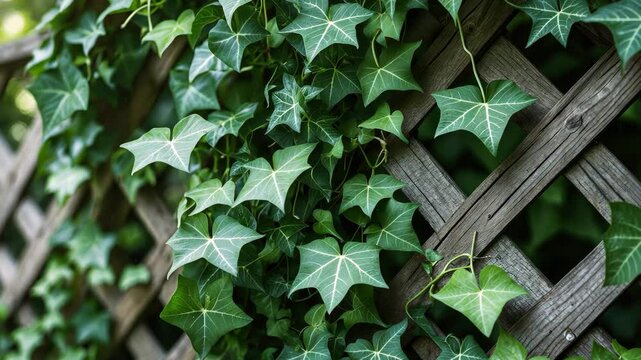 Trellis in the garden adorned with lush green ivy leaves.