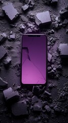 Smartphone with a cracked screen surrounded by broken concrete blocks on a dark surface
