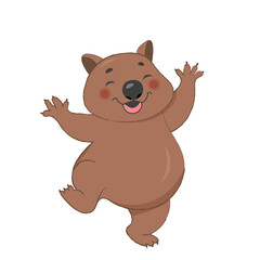 Cute wombat jumping illustration, cartoon clipart character, animal in flat style. Vector design isolated on white background for print, pattern, greeting card