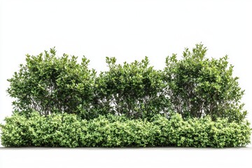 Lush green hedge row against a clean white background offering a serene and natural aesthetic for landscaping design showcasing vibrant foliage and organic texture