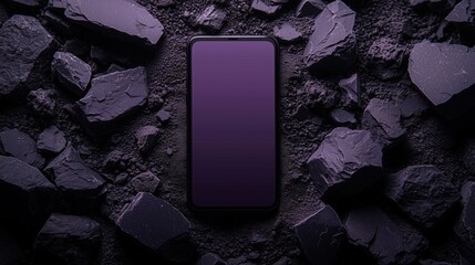 Modern smartphone mockup on dark rocky background for technology and advertising purposes