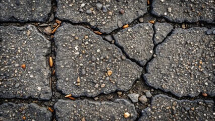 Fototapeta premium Cracked asphalt surface with small pebbles and fragments of wood scattered throughout