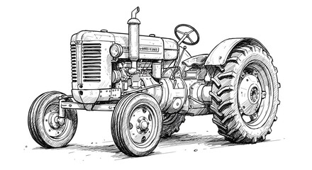 Vintage Tractor Illustration Black and White Farm Vehicle Sketch Art