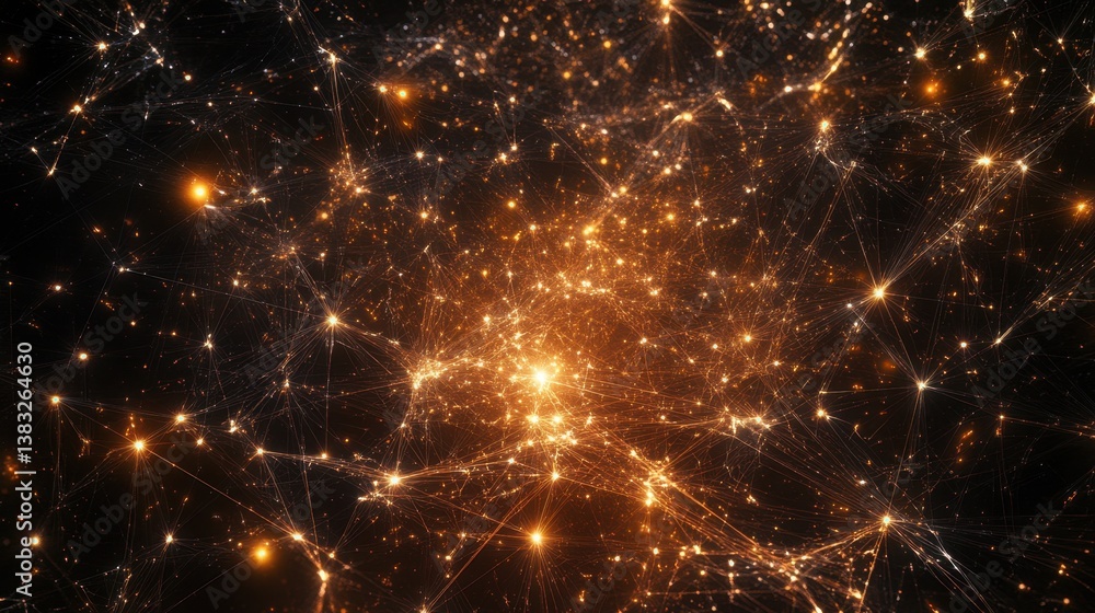 Poster financial data illuminated like constellations, glowing web of starlit patterns representing busines