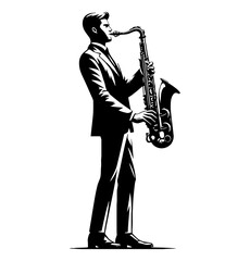Naklejka premium Elegant Musician Plays Saxophone with Passion in Black and White Vector Illustration