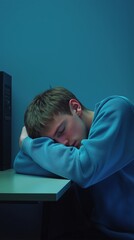 Obraz premium Young man resting his head on arms at desk in a dimly lit room with blue tones