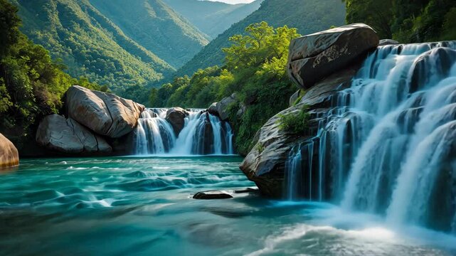 Gentle river meandering through verdant rolling mountains. Breathtaking river valley set against impressive hills.