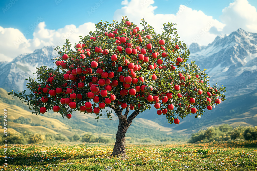 Poster tree with many red apples on it in a field. the tree is surrounded by mountains and the sky is blue