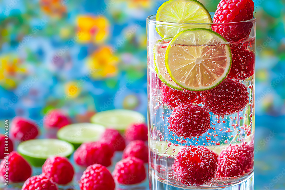 Poster p: a close-up of a glass filled with a sparkling raspberry and lime lemonade