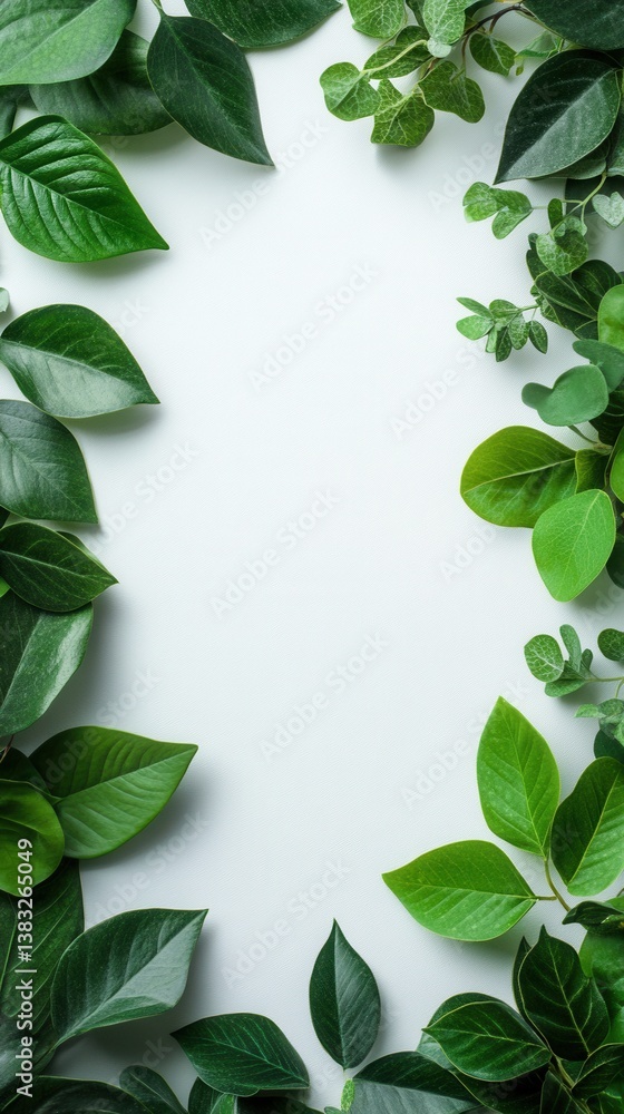 Poster lush green leaves frame a serene white backdrop creating a natural and inviting composition perfect 