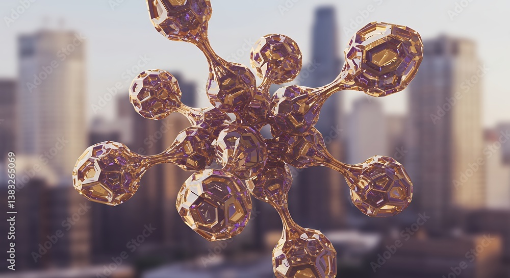 Poster abstract molecule structure floating over cityscape creates a futuristic and technological ambiance 