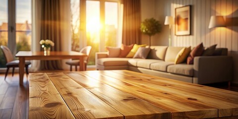 A close-up view of a wooden table top with a blurred background of a living room, showcasing a couch with pillows and a window with sunlight streaming in
