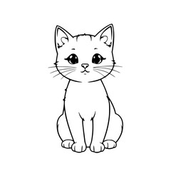 Fototapeta premium Cat cartoon illustration with large eyes and whiskers sitting on white background, simple black outline, cute and playful expression
