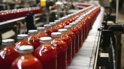 Fototapeta premium Juice drinks moving along a production factory conveyor highlight the streamlined process of beverage manufacturing.