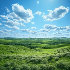 Fototapeta premium Serene green hills under a vast blue sky dotted with fluffy white clouds creating a peaceful landscape vista with trees