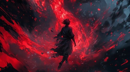 Crimson abyss walker: silhouette amidst fiery chaos, embracing shadow and light's intense dance.